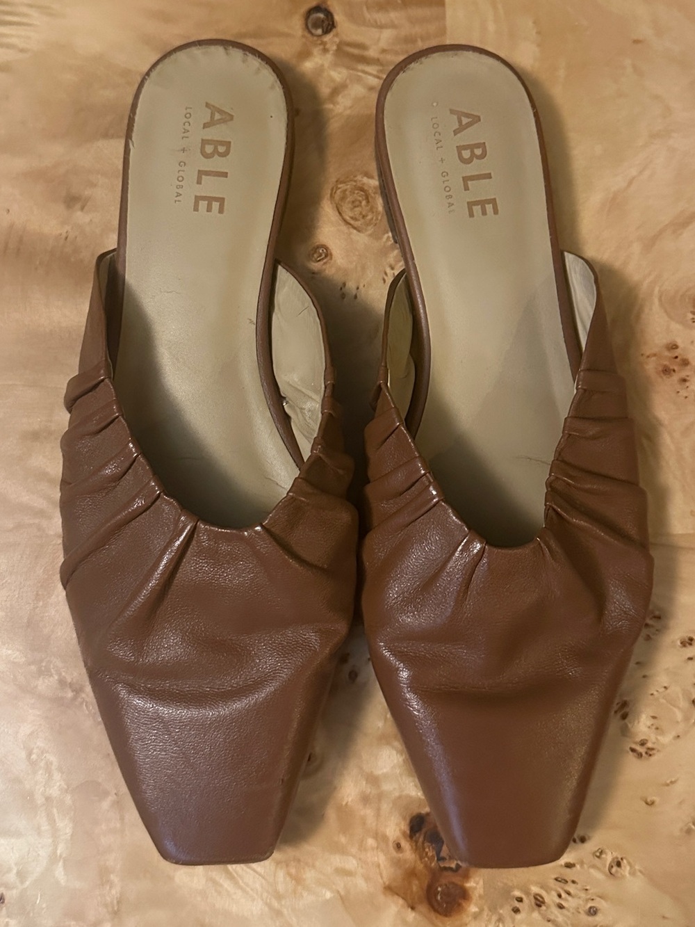 ABLE Brown Ruched Leather Square-Toe Slip-On Mules